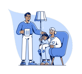 Illustration av en familj med en mormor, ett barnbarn och en pappa. Pappan håller i en karaff med vatten.